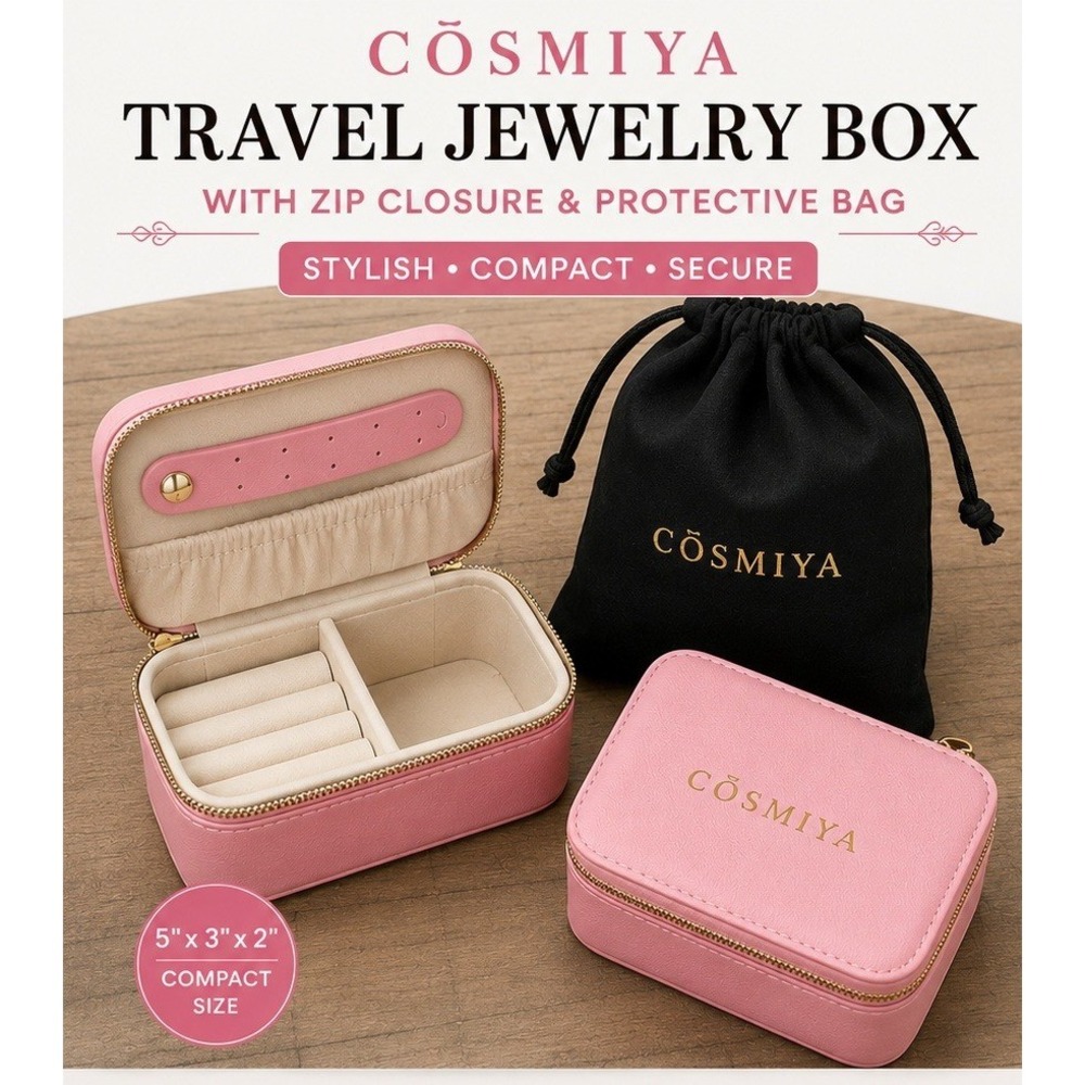 Cosmiya Pink Saffiano Vegan Leather‎ Travel Jewelry Case Organizer Box Dust Bag